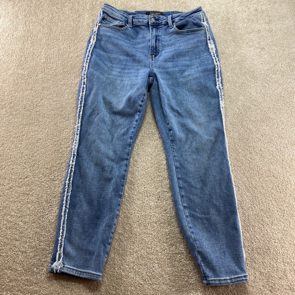 Judy Blue Slim Fit‎ Jeans Womens 13/31 Blue Frayed Side Stripe Mid Rise